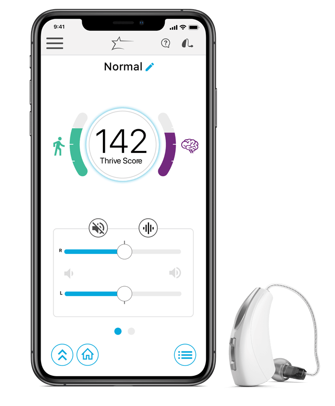 Livio AI hearing aid next to an iPhone X running the Thrive app